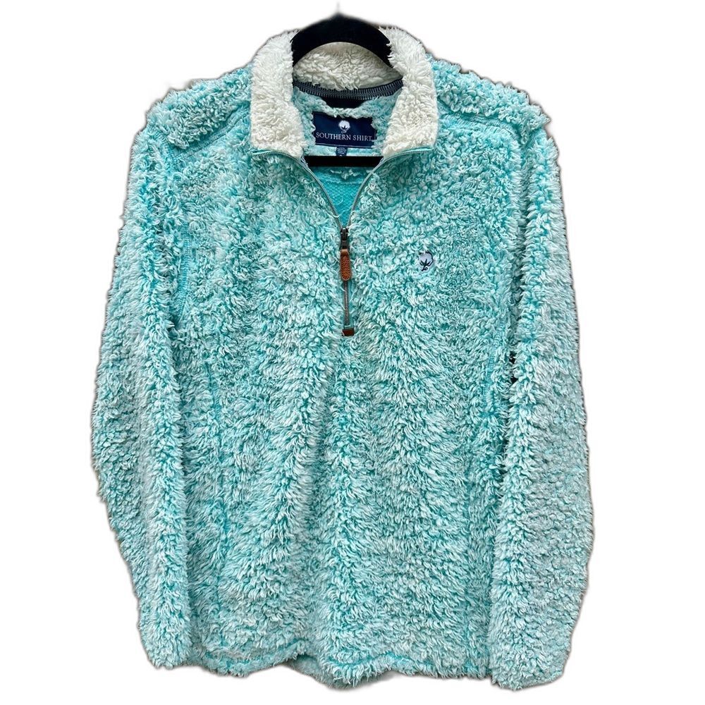 Southern Shirt Sherpa Fuzzy Teal Pullover - Quarter Zip - Pockets - Small